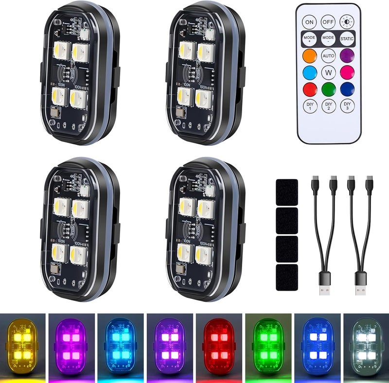 Aukmak Upgraded 4LEDs 4PCS Wireless LED Strobe Lights with Remote Control, 8 Colors Type-C Rechargeable Led Lights Anti Collision Warning Light for Car Motorcycle Bike Drone Aircraft - Image 1
